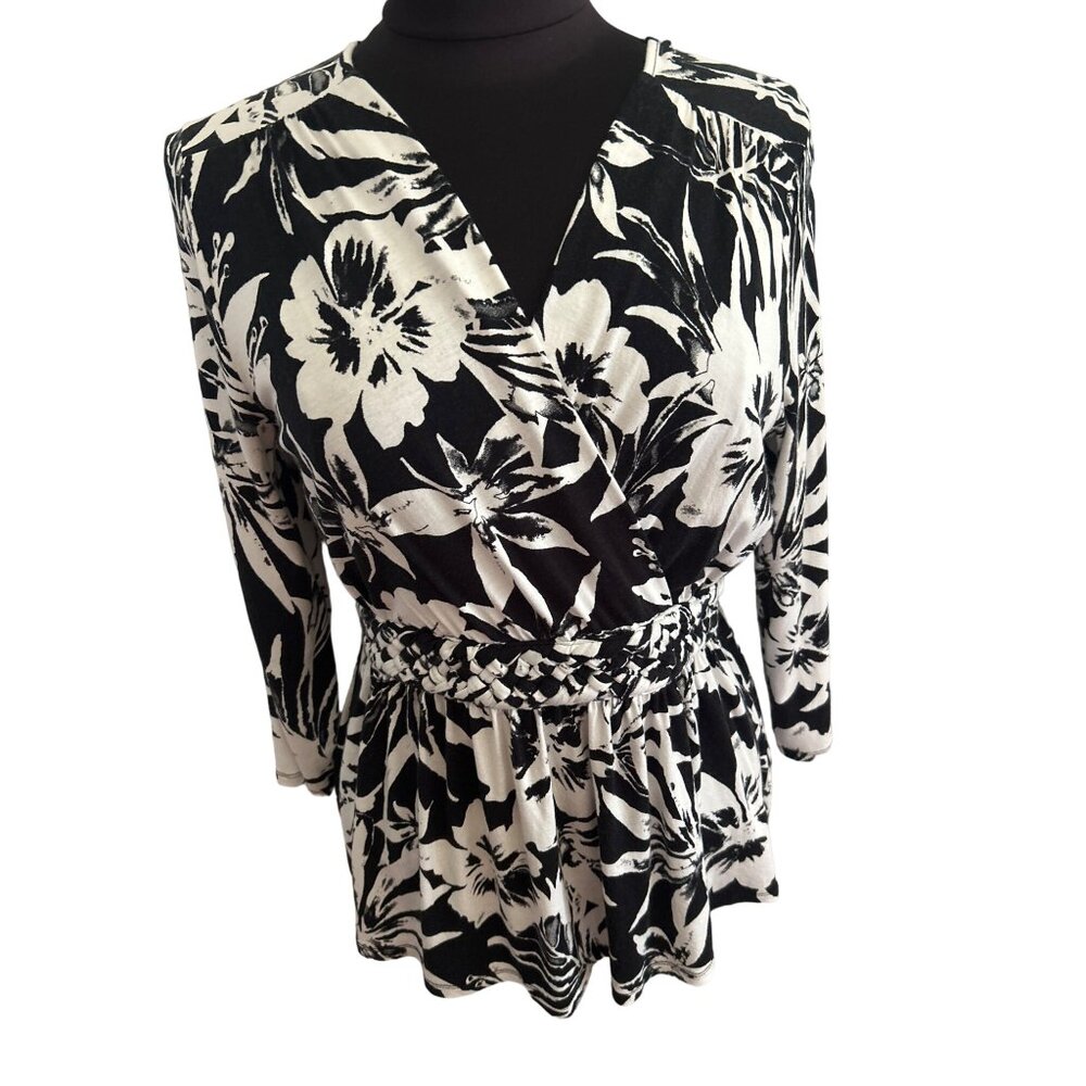 Harper 241 Women's Floral Print Blouse Black & White Rayon & Spandex, Size Med
